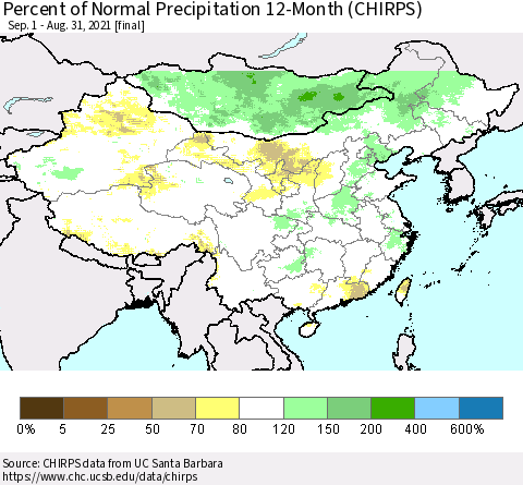 China and Taiwan Percent of Normal Precipitation 12-Month (CHIRPS) Thematic Map For 9/1/2020 - 8/31/2021