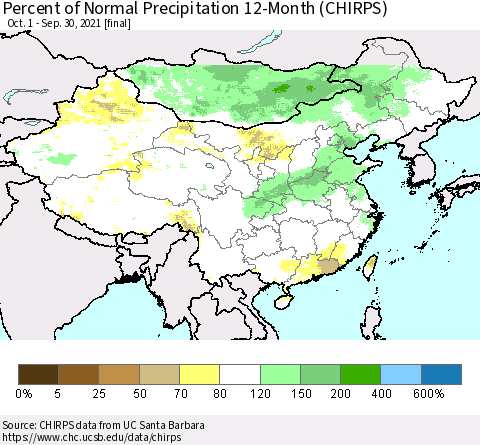China and Taiwan Percent of Normal Precipitation 12-Month (CHIRPS) Thematic Map For 10/1/2020 - 9/30/2021