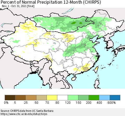 China and Taiwan Percent of Normal Precipitation 12-Month (CHIRPS) Thematic Map For 11/1/2020 - 10/31/2021