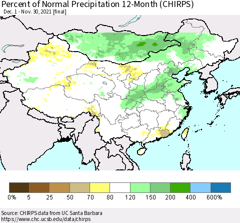 China and Taiwan Percent of Normal Precipitation 12-Month (CHIRPS) Thematic Map For 12/1/2020 - 11/30/2021