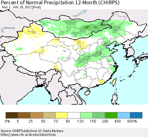 China and Taiwan Percent of Normal Precipitation 12-Month (CHIRPS) Thematic Map For 3/1/2021 - 2/28/2022