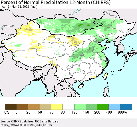 China and Taiwan Percent of Normal Precipitation 12-Month (CHIRPS) Thematic Map For 4/1/2021 - 3/31/2022