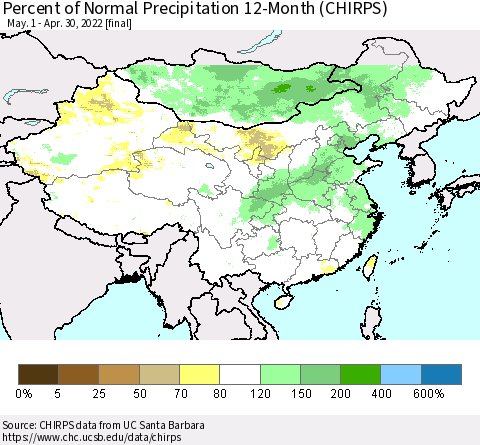 China and Taiwan Percent of Normal Precipitation 12-Month (CHIRPS) Thematic Map For 5/1/2021 - 4/30/2022