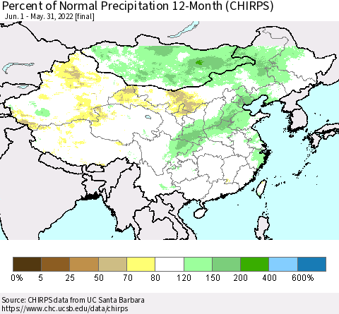 China and Taiwan Percent of Normal Precipitation 12-Month (CHIRPS) Thematic Map For 6/1/2021 - 5/31/2022