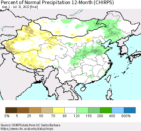 China and Taiwan Percent of Normal Precipitation 12-Month (CHIRPS) Thematic Map For 8/1/2021 - 7/31/2022