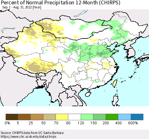 China and Taiwan Percent of Normal Precipitation 12-Month (CHIRPS) Thematic Map For 9/1/2021 - 8/31/2022