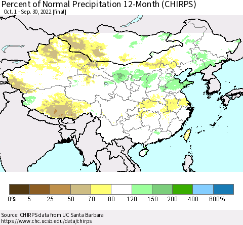 China and Taiwan Percent of Normal Precipitation 12-Month (CHIRPS) Thematic Map For 10/1/2021 - 9/30/2022