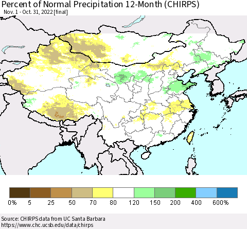 China and Taiwan Percent of Normal Precipitation 12-Month (CHIRPS) Thematic Map For 11/1/2021 - 10/31/2022