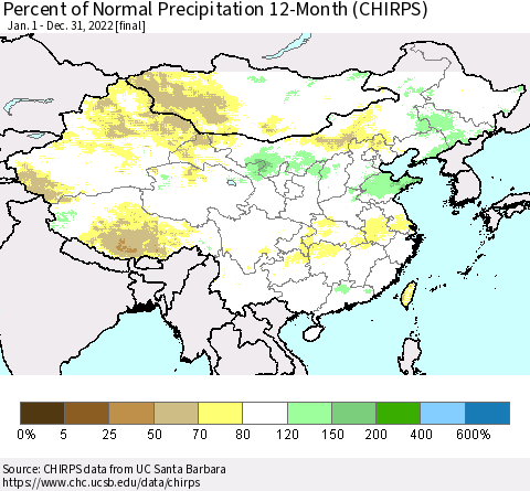 China and Taiwan Percent of Normal Precipitation 12-Month (CHIRPS) Thematic Map For 1/1/2022 - 12/31/2022