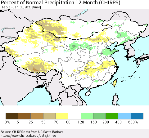 China and Taiwan Percent of Normal Precipitation 12-Month (CHIRPS) Thematic Map For 2/1/2022 - 1/31/2023