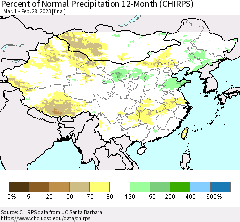 China, Mongolia and Taiwan Percent of Normal Precipitation 12-Month (CHIRPS) Thematic Map For 3/1/2022 - 2/28/2023
