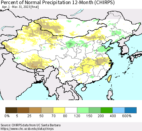 China and Taiwan Percent of Normal Precipitation 12-Month (CHIRPS) Thematic Map For 4/1/2022 - 3/31/2023