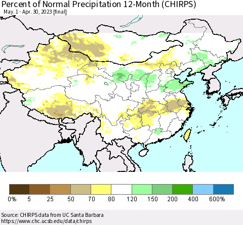 China and Taiwan Percent of Normal Precipitation 12-Month (CHIRPS) Thematic Map For 5/1/2022 - 4/30/2023