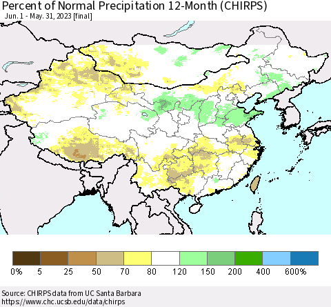 China, Mongolia and Taiwan Percent of Normal Precipitation 12-Month (CHIRPS) Thematic Map For 6/1/2022 - 5/31/2023
