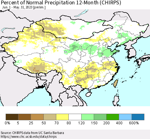 China and Taiwan Percent of Normal Precipitation 12-Month (CHIRPS) Thematic Map For 6/1/2022 - 5/31/2023