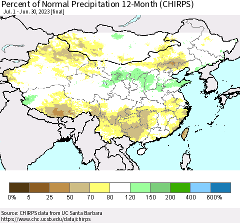 China, Mongolia and Taiwan Percent of Normal Precipitation 12-Month (CHIRPS) Thematic Map For 7/1/2022 - 6/30/2023