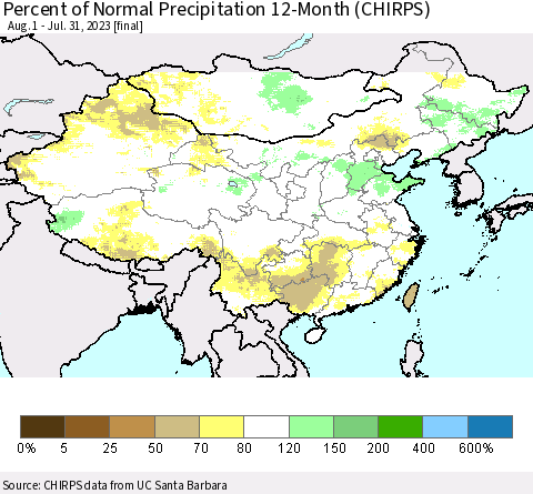 China, Mongolia and Taiwan Percent of Normal Precipitation 12-Month (CHIRPS) Thematic Map For 8/1/2022 - 7/31/2023
