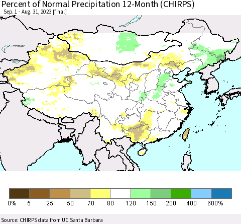 China, Mongolia and Taiwan Percent of Normal Precipitation 12-Month (CHIRPS) Thematic Map For 9/1/2022 - 8/31/2023