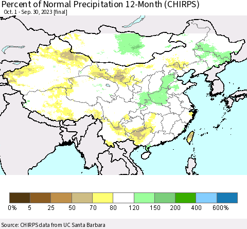 China, Mongolia and Taiwan Percent of Normal Precipitation 12-Month (CHIRPS) Thematic Map For 10/1/2022 - 9/30/2023
