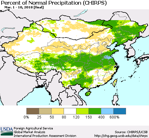 China, Mongolia and Taiwan Percent of Normal Precipitation (CHIRPS) Thematic Map For 3/1/2018 - 3/10/2018