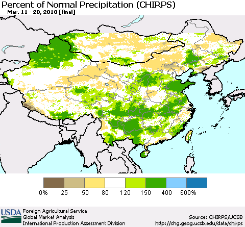 China, Mongolia and Taiwan Percent of Normal Precipitation (CHIRPS) Thematic Map For 3/11/2018 - 3/20/2018