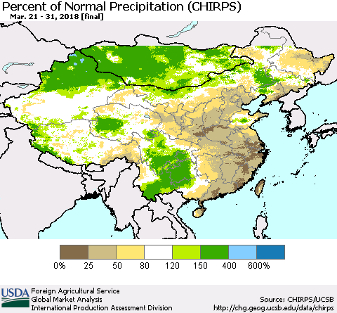 China, Mongolia and Taiwan Percent of Normal Precipitation (CHIRPS) Thematic Map For 3/21/2018 - 3/31/2018