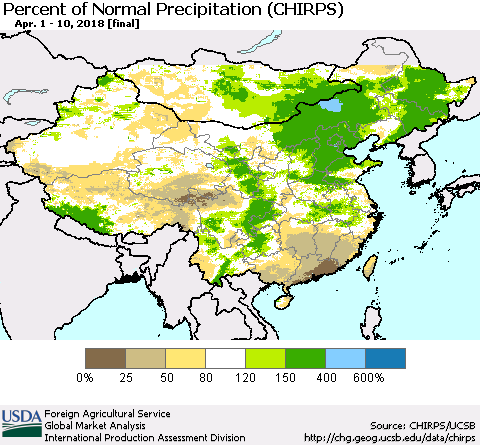 China, Mongolia and Taiwan Percent of Normal Precipitation (CHIRPS) Thematic Map For 4/1/2018 - 4/10/2018