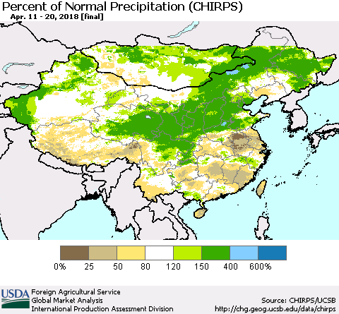 China, Mongolia and Taiwan Percent of Normal Precipitation (CHIRPS) Thematic Map For 4/11/2018 - 4/20/2018