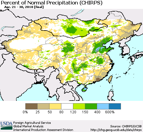 China, Mongolia and Taiwan Percent of Normal Precipitation (CHIRPS) Thematic Map For 4/21/2018 - 4/30/2018