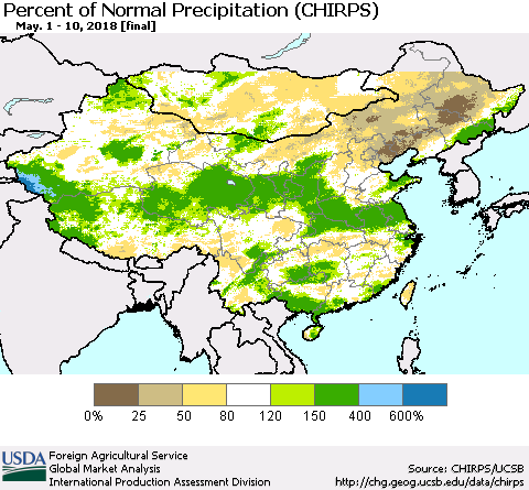 China, Mongolia and Taiwan Percent of Normal Precipitation (CHIRPS) Thematic Map For 5/1/2018 - 5/10/2018