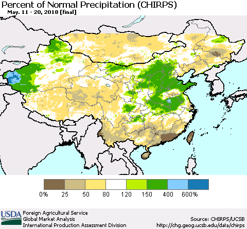 China, Mongolia and Taiwan Percent of Normal Precipitation (CHIRPS) Thematic Map For 5/11/2018 - 5/20/2018