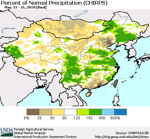 China, Mongolia and Taiwan Percent of Normal Precipitation (CHIRPS) Thematic Map For 5/21/2018 - 5/31/2018