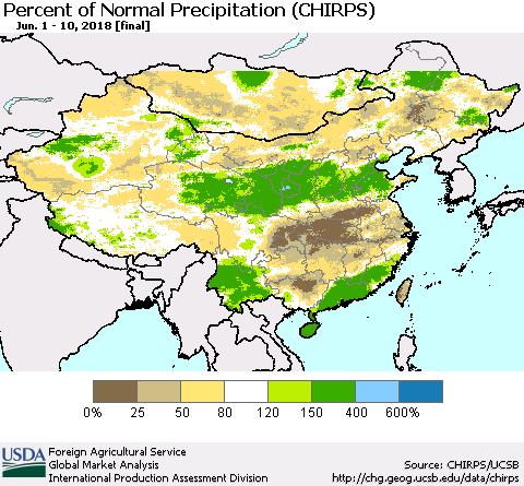China, Mongolia and Taiwan Percent of Normal Precipitation (CHIRPS) Thematic Map For 6/1/2018 - 6/10/2018