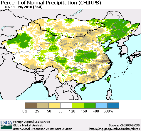 China, Mongolia and Taiwan Percent of Normal Precipitation (CHIRPS) Thematic Map For 6/11/2018 - 6/20/2018