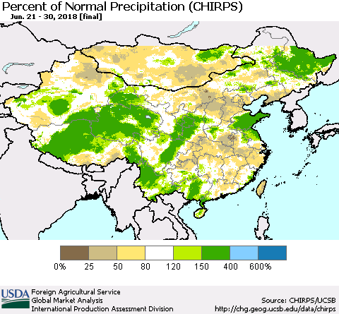 China, Mongolia and Taiwan Percent of Normal Precipitation (CHIRPS) Thematic Map For 6/21/2018 - 6/30/2018
