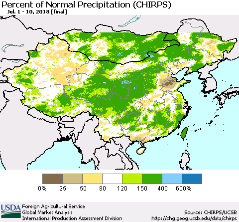 China, Mongolia and Taiwan Percent of Normal Precipitation (CHIRPS) Thematic Map For 7/1/2018 - 7/10/2018