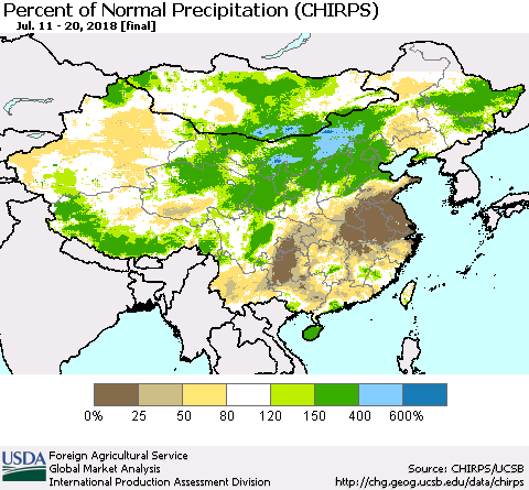 China, Mongolia and Taiwan Percent of Normal Precipitation (CHIRPS) Thematic Map For 7/11/2018 - 7/20/2018