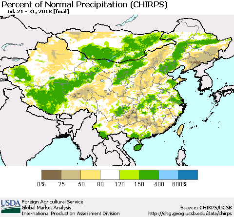China, Mongolia and Taiwan Percent of Normal Precipitation (CHIRPS) Thematic Map For 7/21/2018 - 7/31/2018