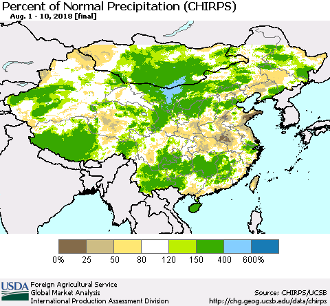 China, Mongolia and Taiwan Percent of Normal Precipitation (CHIRPS) Thematic Map For 8/1/2018 - 8/10/2018