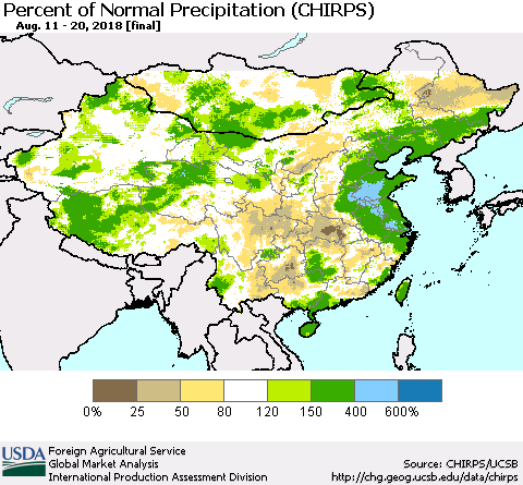 China, Mongolia and Taiwan Percent of Normal Precipitation (CHIRPS) Thematic Map For 8/11/2018 - 8/20/2018