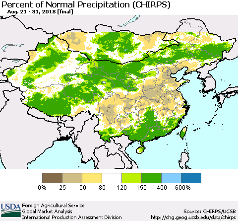 China, Mongolia and Taiwan Percent of Normal Precipitation (CHIRPS) Thematic Map For 8/21/2018 - 8/31/2018