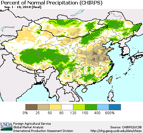 China and Taiwan Percent of Normal Precipitation (CHIRPS) Thematic Map For 9/1/2018 - 9/10/2018