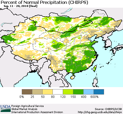 China and Taiwan Percent of Normal Precipitation (CHIRPS) Thematic Map For 9/11/2018 - 9/20/2018