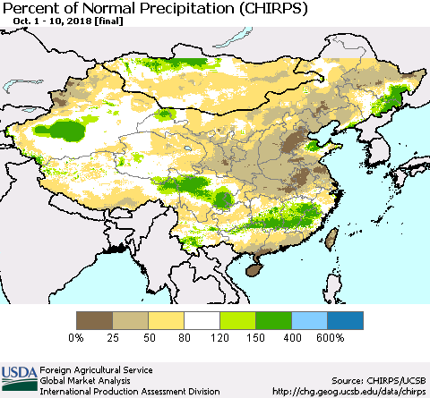 China and Taiwan Percent of Normal Precipitation (CHIRPS) Thematic Map For 10/1/2018 - 10/10/2018