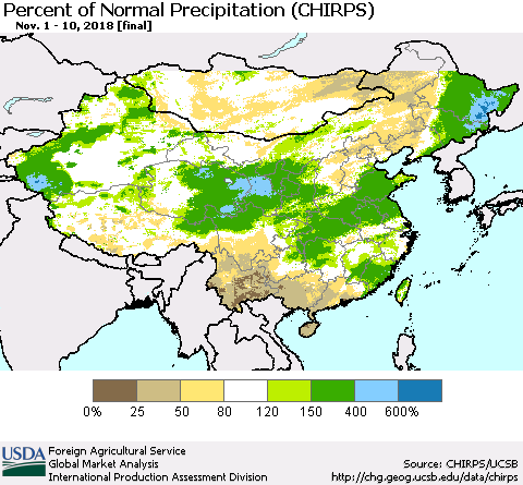 China, Mongolia and Taiwan Percent of Normal Precipitation (CHIRPS) Thematic Map For 11/1/2018 - 11/10/2018