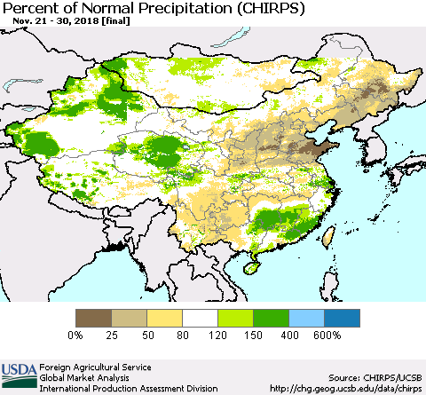 China, Mongolia and Taiwan Percent of Normal Precipitation (CHIRPS) Thematic Map For 11/21/2018 - 11/30/2018