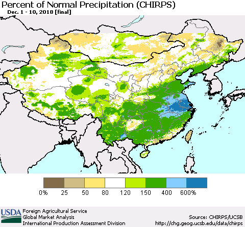 China and Taiwan Percent of Normal Precipitation (CHIRPS) Thematic Map For 12/1/2018 - 12/10/2018