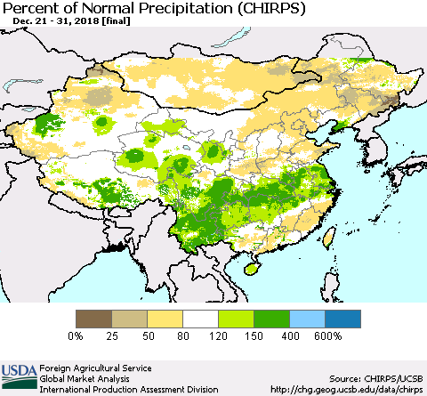 China and Taiwan Percent of Normal Precipitation (CHIRPS) Thematic Map For 12/21/2018 - 12/31/2018