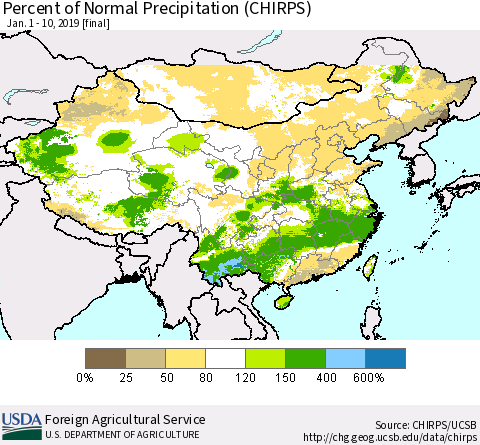 China, Mongolia and Taiwan Percent of Normal Precipitation (CHIRPS) Thematic Map For 1/1/2019 - 1/10/2019