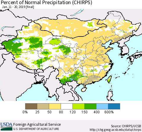 China and Taiwan Percent of Normal Precipitation (CHIRPS) Thematic Map For 1/11/2019 - 1/20/2019